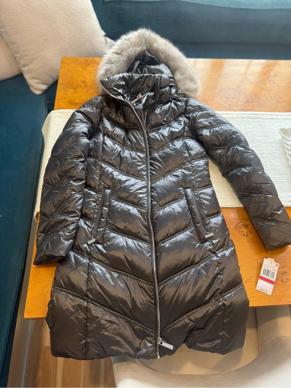 Michael Kors Charcoal Long Quilted Puffer Coat with Faux Fur Hood Nordstrom